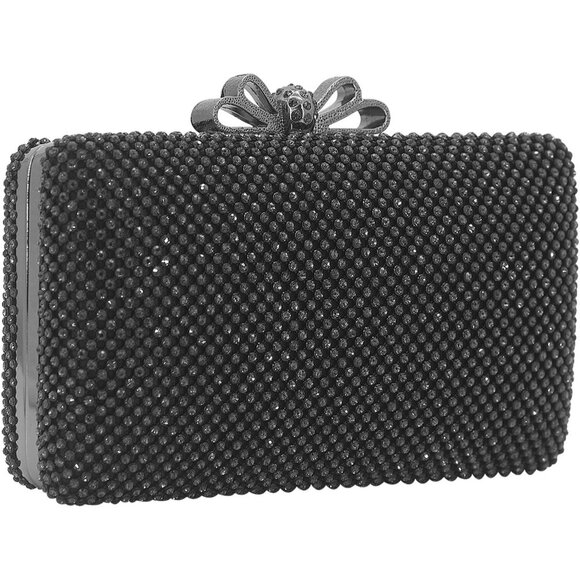 ⚡ Women's Rhinestone Crystal Bow Clasp Metal Chain Evening Black Clutch Handbag - Picture 2 of 7